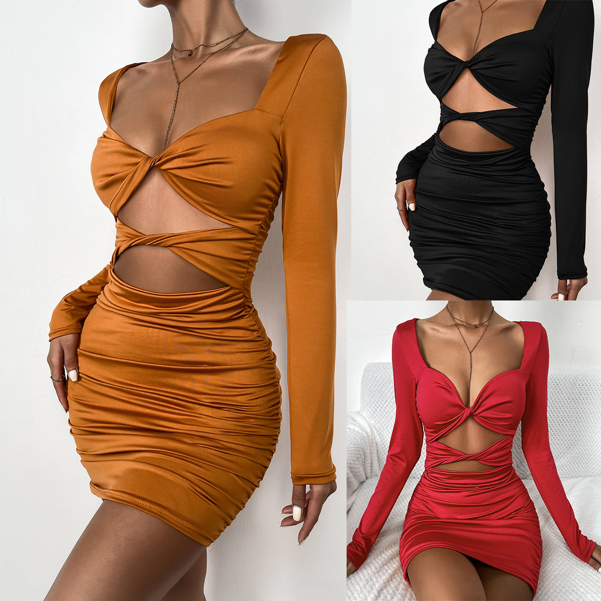 Robe plissée sexy à décolleté en V profond et lien creux