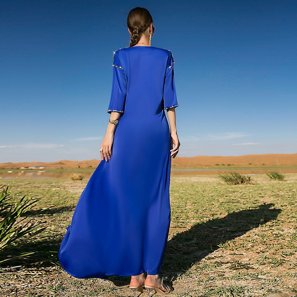 New Satin Mid-sleeve Long Dress Dubai Travel Rhinestone Plus Size Straight Long Dress
