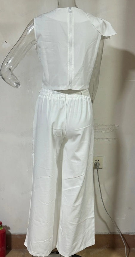 Chemisier et pantalon taille haute à manches pétales de couleur unie