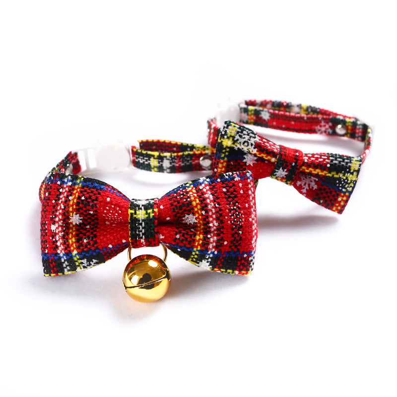 Nœud papillon réglable pour animal de compagnie, motif flocon de neige, motif écossais rouge de Noël