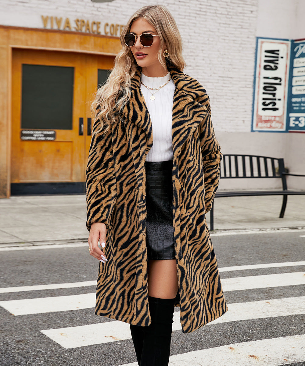 Fashion Leisure Suit Collar Artificial Leather Fur Coat Zebra Pattern Plush Long Coat