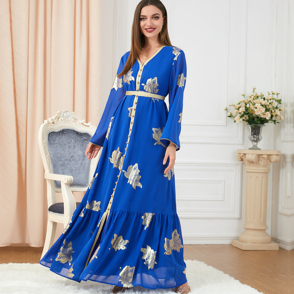 Vestidos casuales de manga larga con estampado dorado para mujer