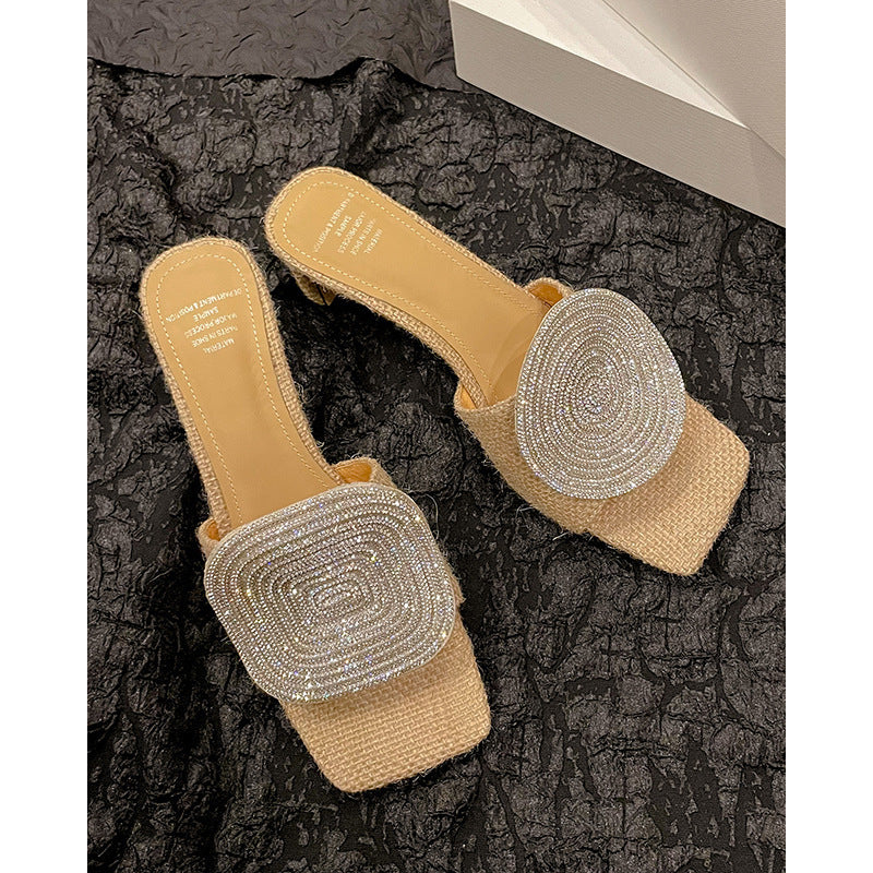 Pantuflas románticas francesas de lino con diamantes de imitación redondos y cuadrados