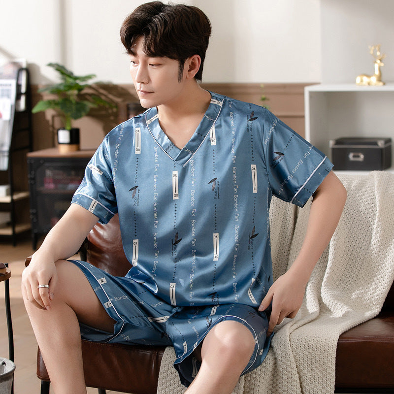 Pijamas para hombre de talla grande, talla grande, verano, cuello en V, seda de hielo, finos, para uso diario, para el hogar, tallas grandes, tallas grandes
