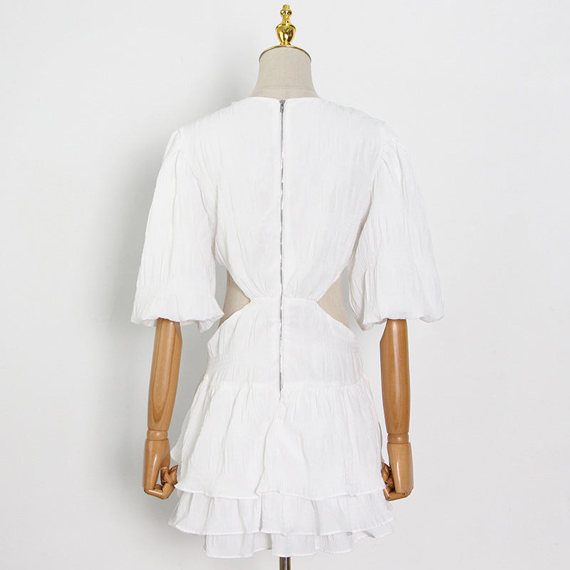 Women's Fashion Solid Color And V-neck Puff Sleeve Dress