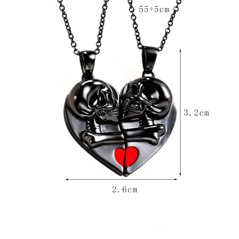 Collier avec pendentif tête de mort punk rétro pour Halloween, en forme de cœur, avec coutures magnétiques, pour couple