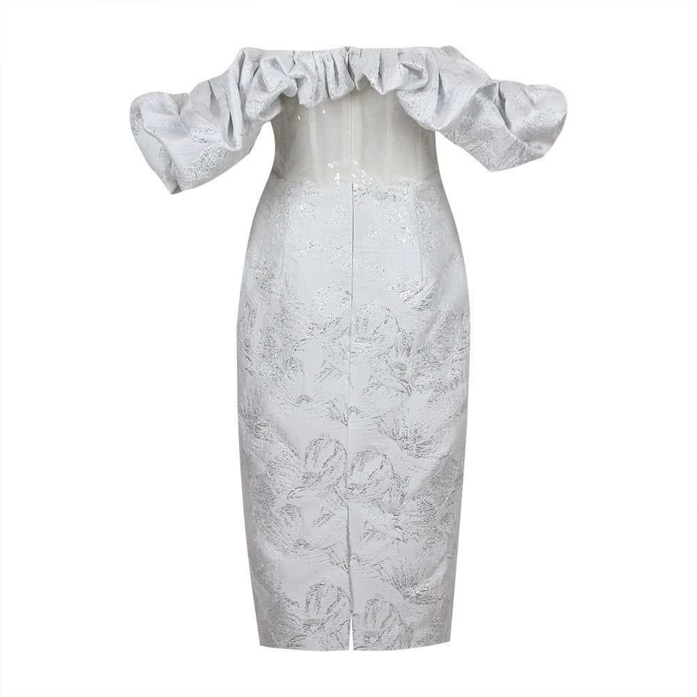 Women's Sexy Temperament Jacquard Backless Wrap Chest V-neck Bottom Slit Mid-length High-end Dress Dress Silver