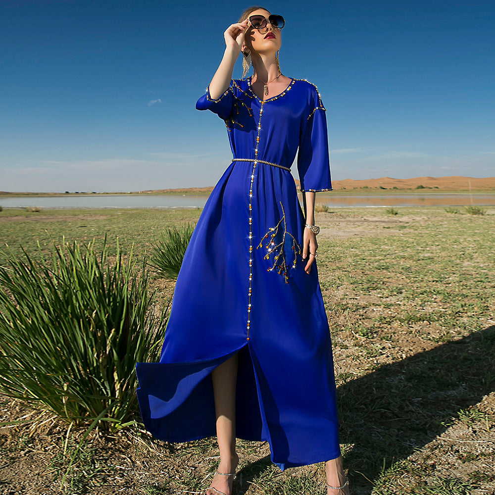 New Satin Mid-sleeve Long Dress Dubai Travel Rhinestone Plus Size Straight Long Dress