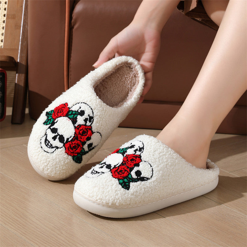 Chaussons d'hiver chauds pour femme, motif tête de mort et rose, idéal pour l'intérieur ou la chambre à coucher