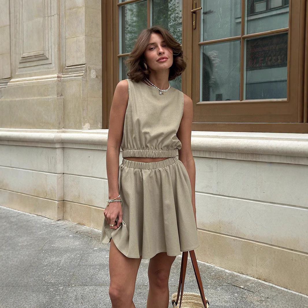 Cotton And Linen Comfortable Short Skirt Casual Suit Women