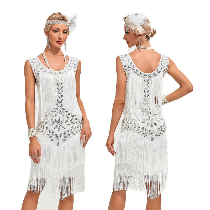 Robe de danse rétro à paillettes et col rond pour femme