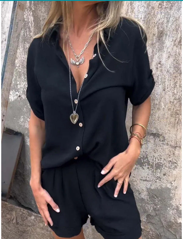 Conjunto de camisa de manga media con solapa de lino y algodón