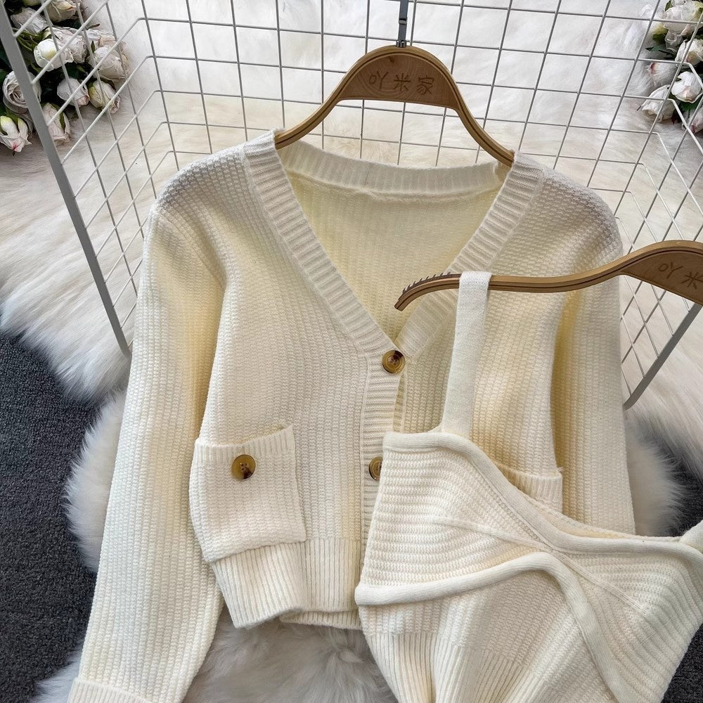 High Waist Slimming Knitted Sweater Cardigan Coat Three-piece Set