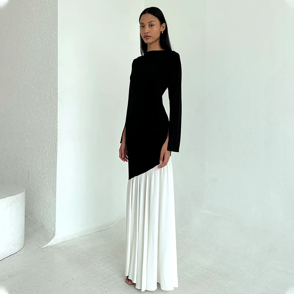 Robe tendance à col rond et manches longues, coutures fines sur les hanches