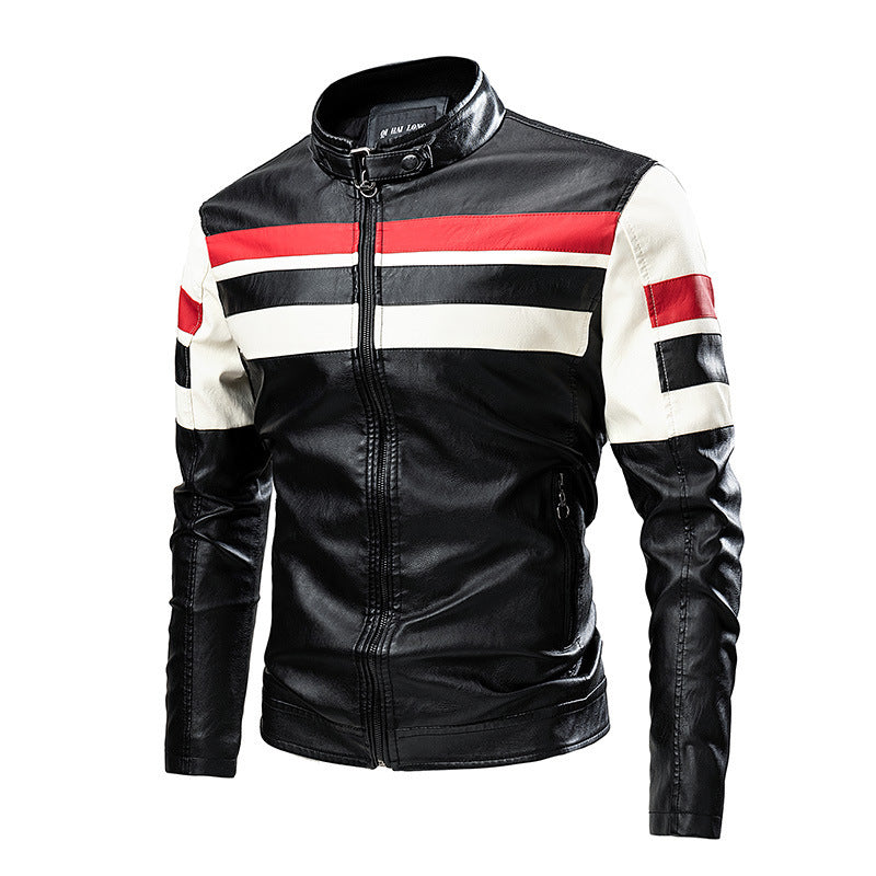 Veste en cuir à coutures de moto pour homme, col montant, style rétro