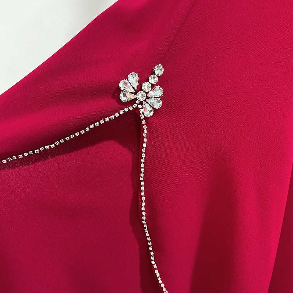 Rose Red Collar Long-sleeved Dress