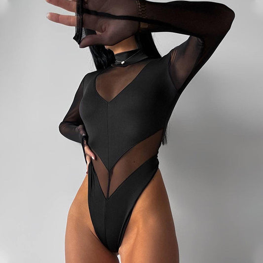 Combinaison moulante taille haute, manches longues, coutures en maille