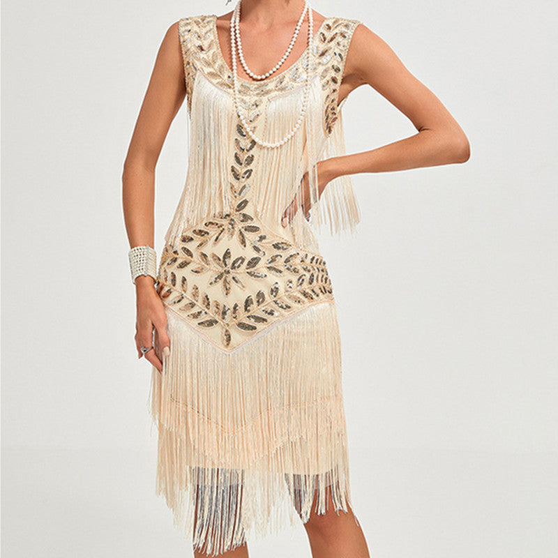 Robe de danse rétro à paillettes et col rond pour femme