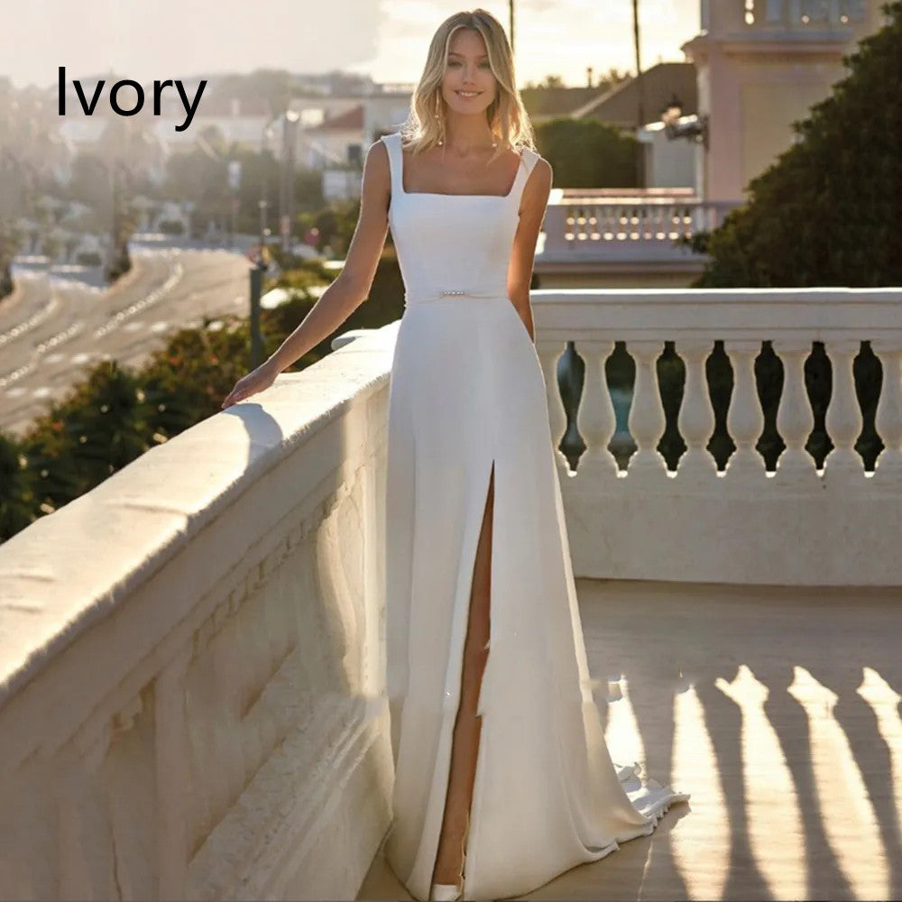 Vestido con cinturón sin mangas y cuello cuadrado simple para mujer