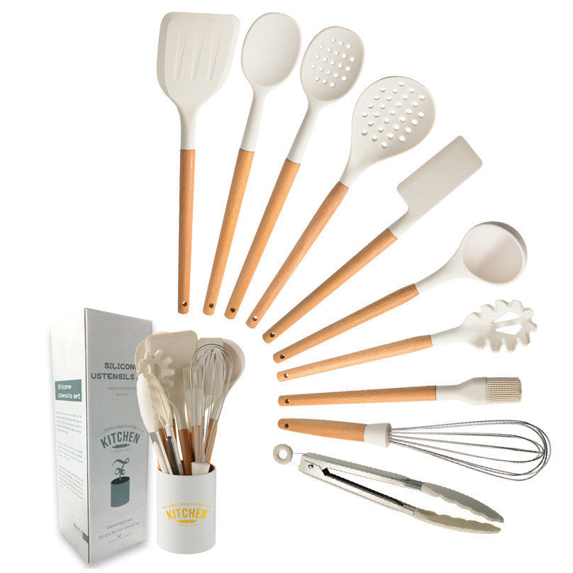Juego de utensilios de cocina de silicona con mango de madera blanco cremoso