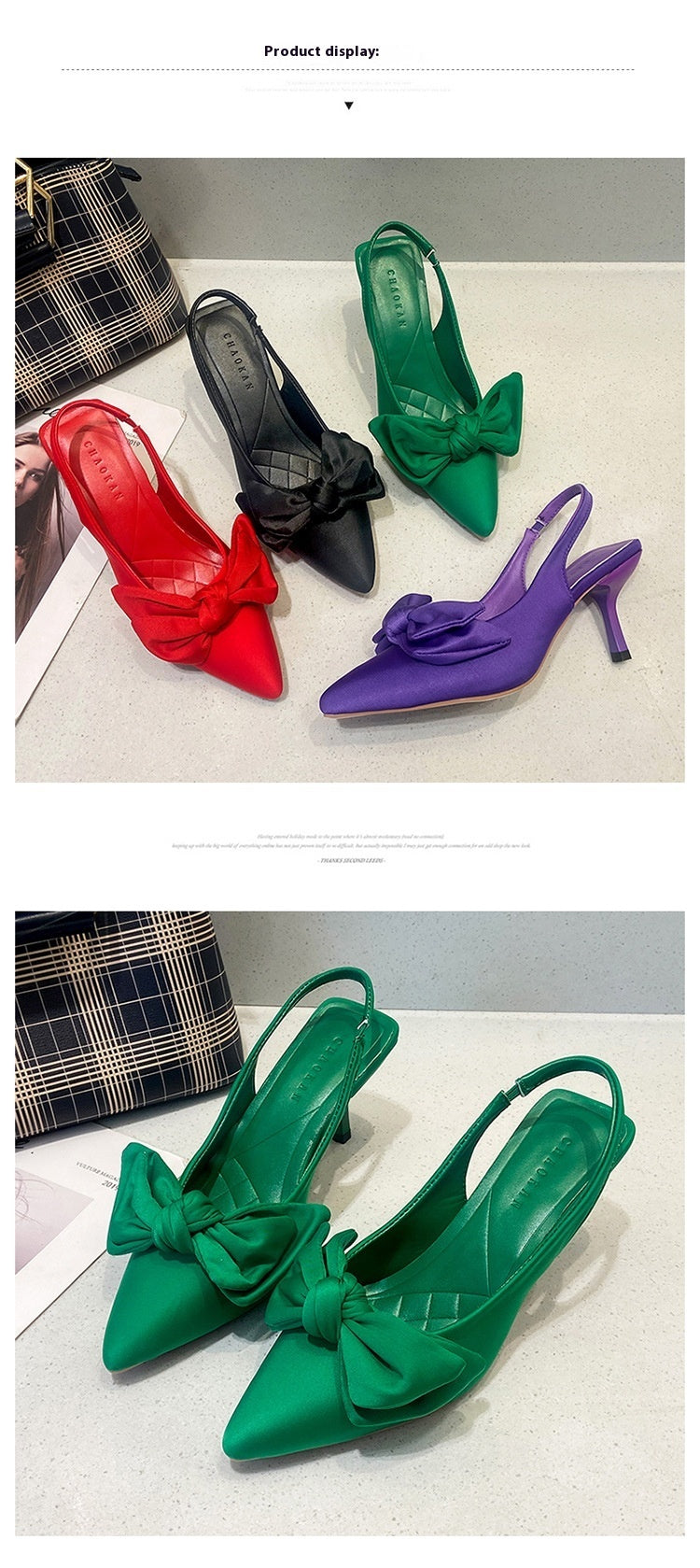 Zapato de tacón alto, puntiagudo, fino y con un lazo en la parte trasera para la punta