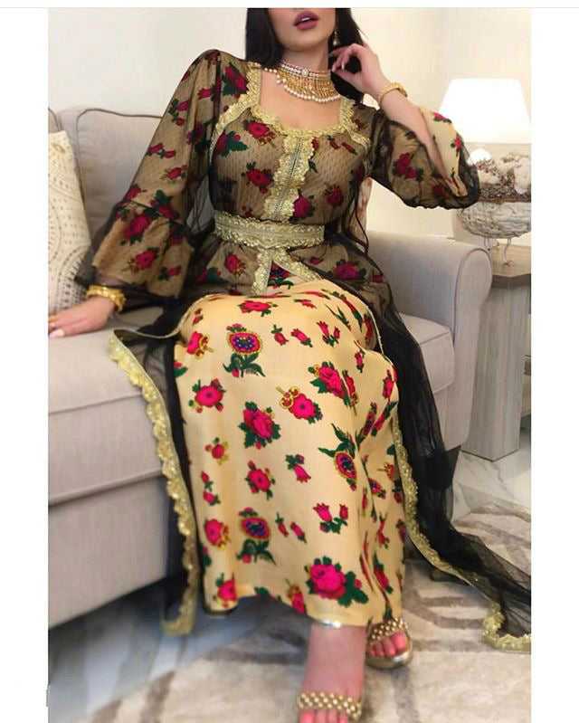 Robe en maille de dentelle brodée imprimée de style ethnique du Moyen-Orient à Dubaï