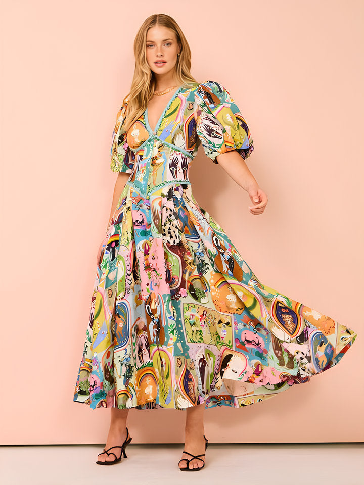 Women's Casual Cotton And Linen Printed V-neck Large Hem Dress