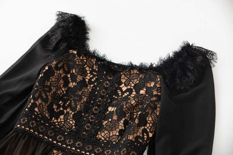 Robe coupe ajustée en maille douce et dentelle épissée de tempérament français