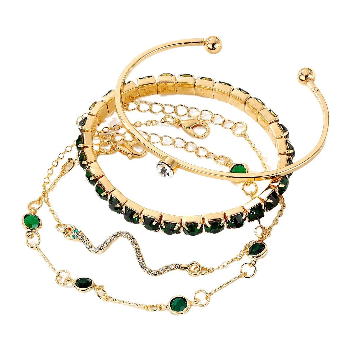 Conjunto de 4 piezas de pulsera elástica de diamantes verdes de moda para mujer