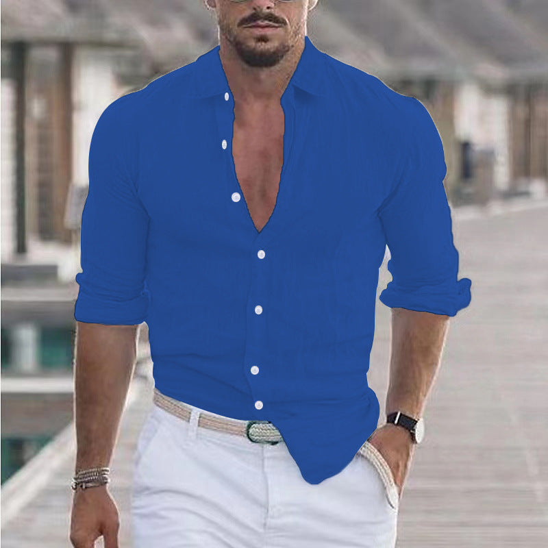 Camisa de lino para hombre Camisa con botones Camisa playera de color liso