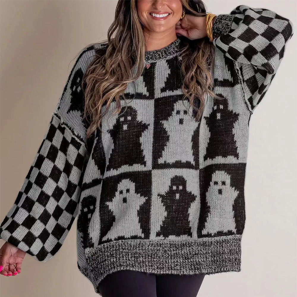 Pull à manches longues en tricot pour femme, imprimé fantôme et damier, style dessin animé d'Halloween, automne et hiver