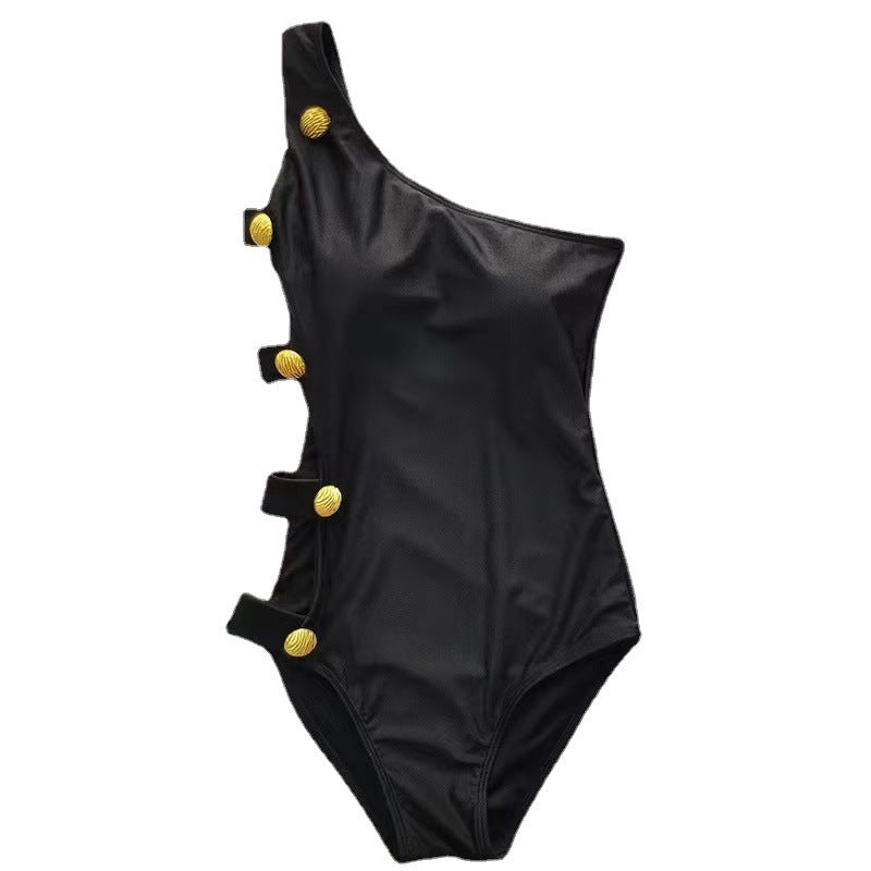 Traje de baño de tubo ajustado siamés con cintura de temperamento negro Traje de baño de mujer con tirantes