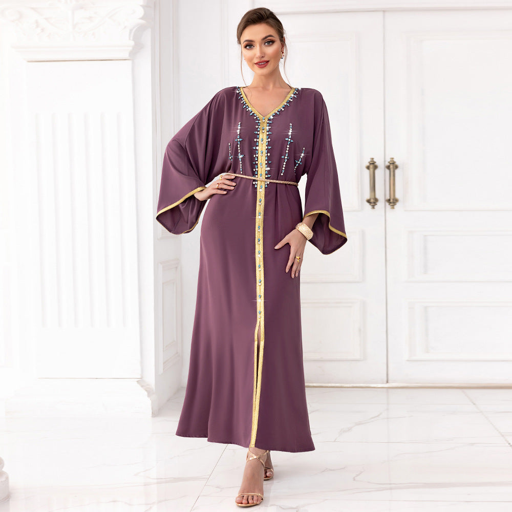Robe à manches Dubaï en diamant cousue à la main, couleur racine d'épinard
