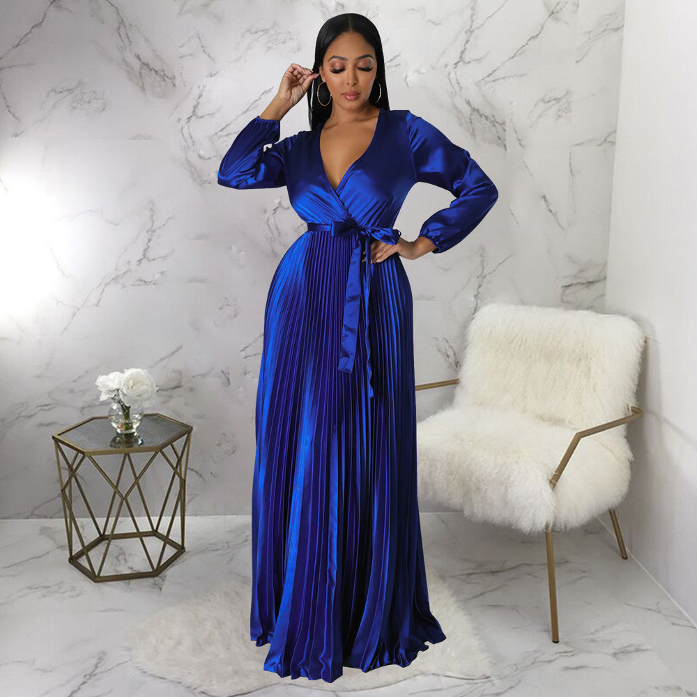 Robe plissée à manches lanternes pour femme