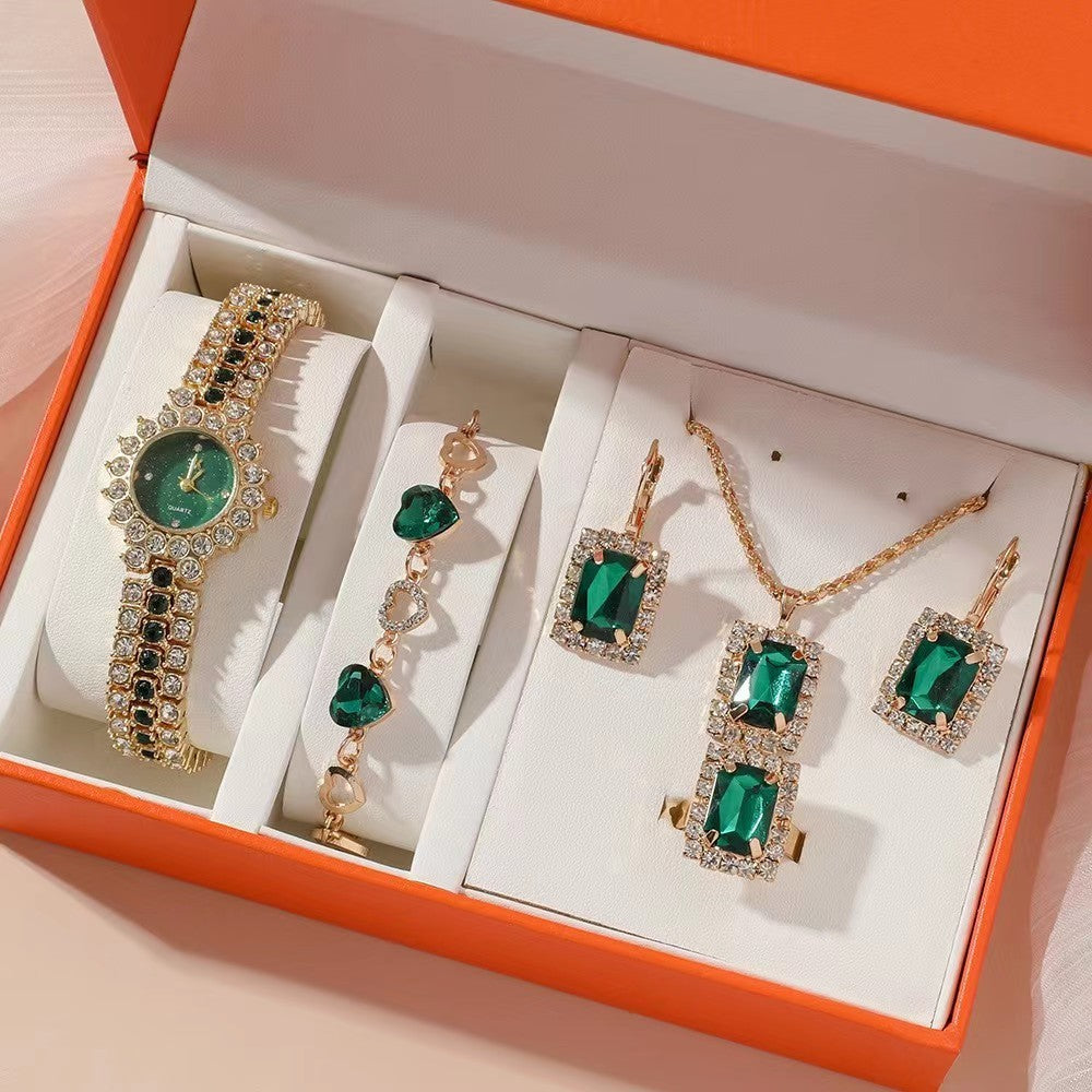 Reloj verde pequeño popular para mujer, correa de acero, reloj de cuarzo, anillo, juego de regalo en caja, juego de cinco piezas