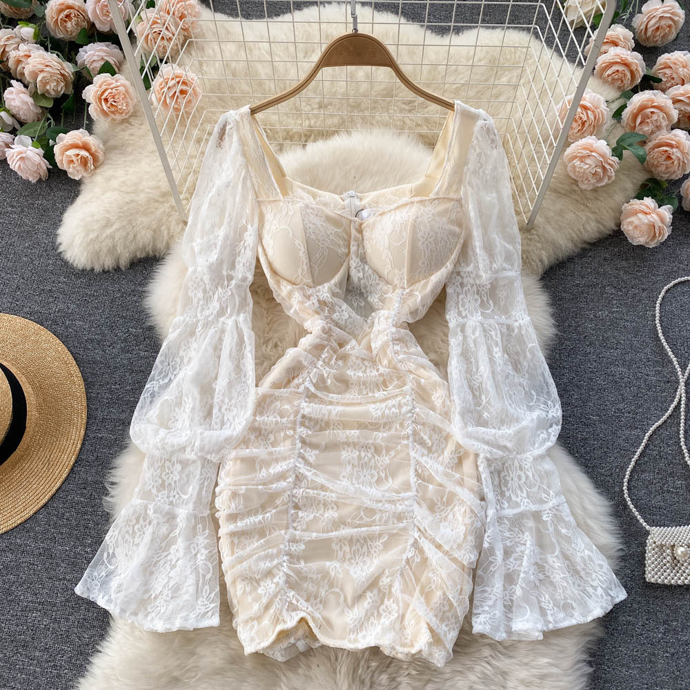 Women's Square Neck Lace Perspective Lantern Sleeve Waist Bag Hip Dress