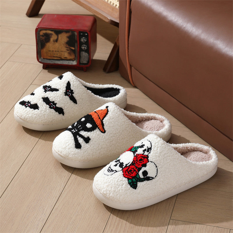 Chaussons d'hiver chauds pour femme, motif tête de mort et rose, idéal pour l'intérieur ou la chambre à coucher