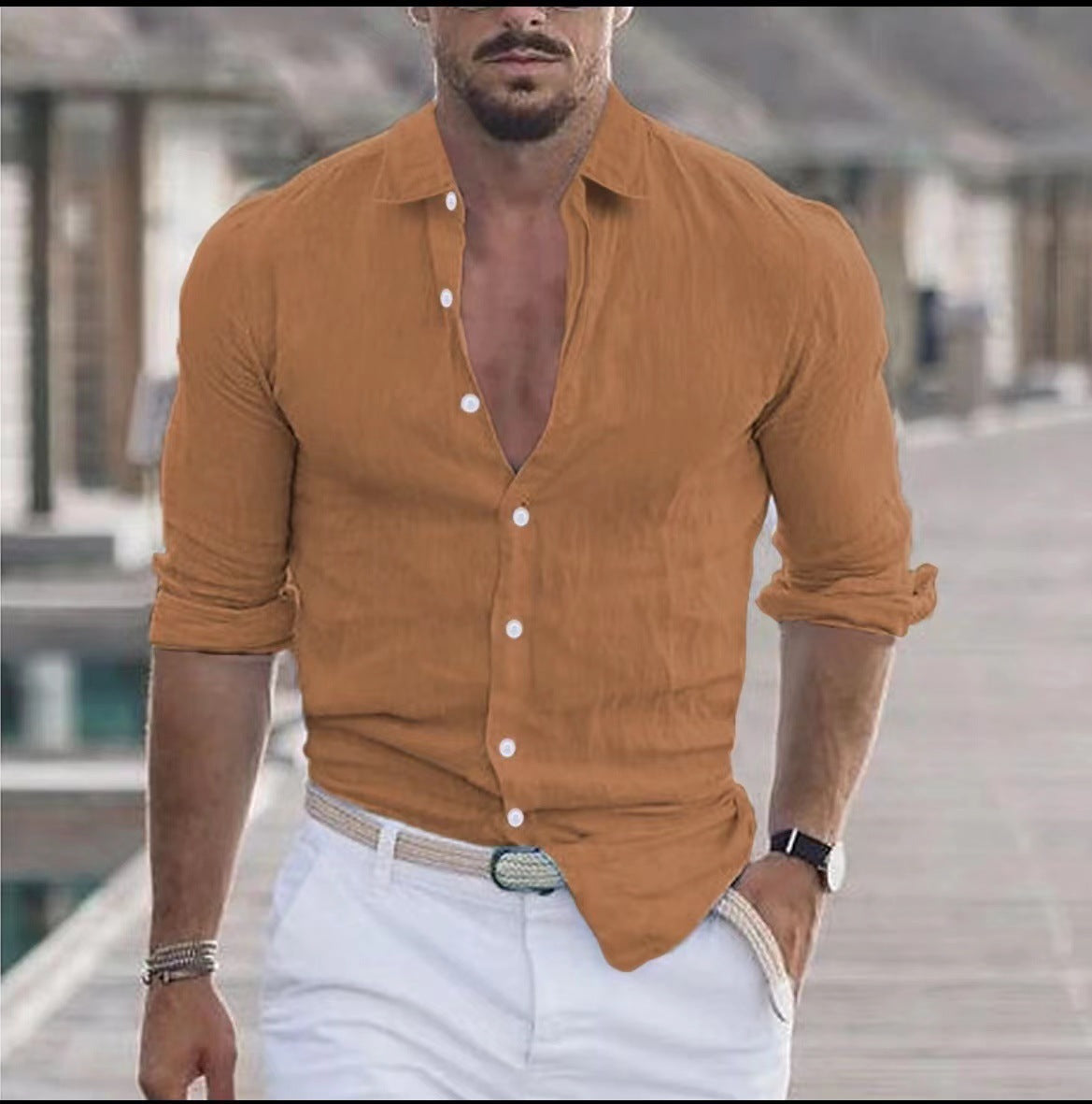 Camisa de lino para hombre Camisa con botones Camisa playera de color liso