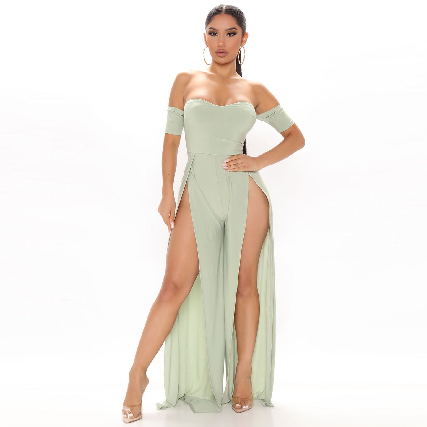 Pantalon une pièce fendu à col ouvert pour femme