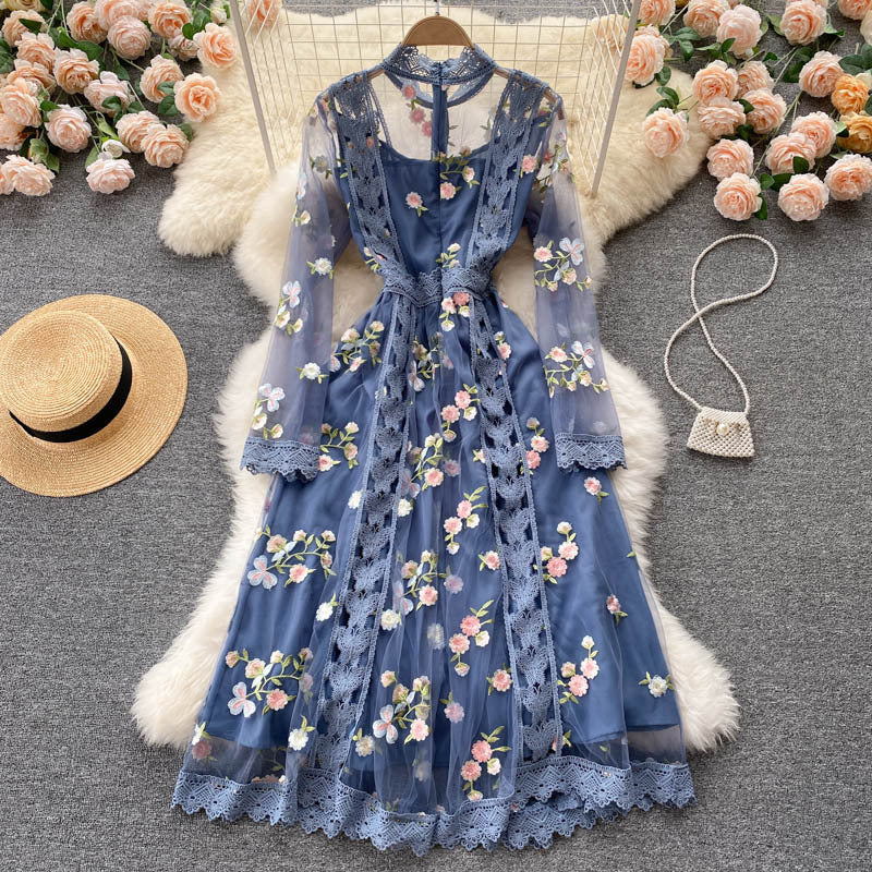 Vestido de malla bordado de industria pesada para mujer