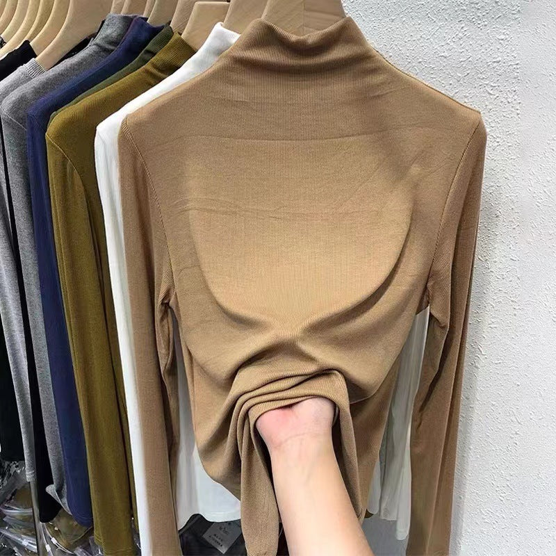 Chemise à col roulé et manches longues pour femme, en coton, avec fil intérieur