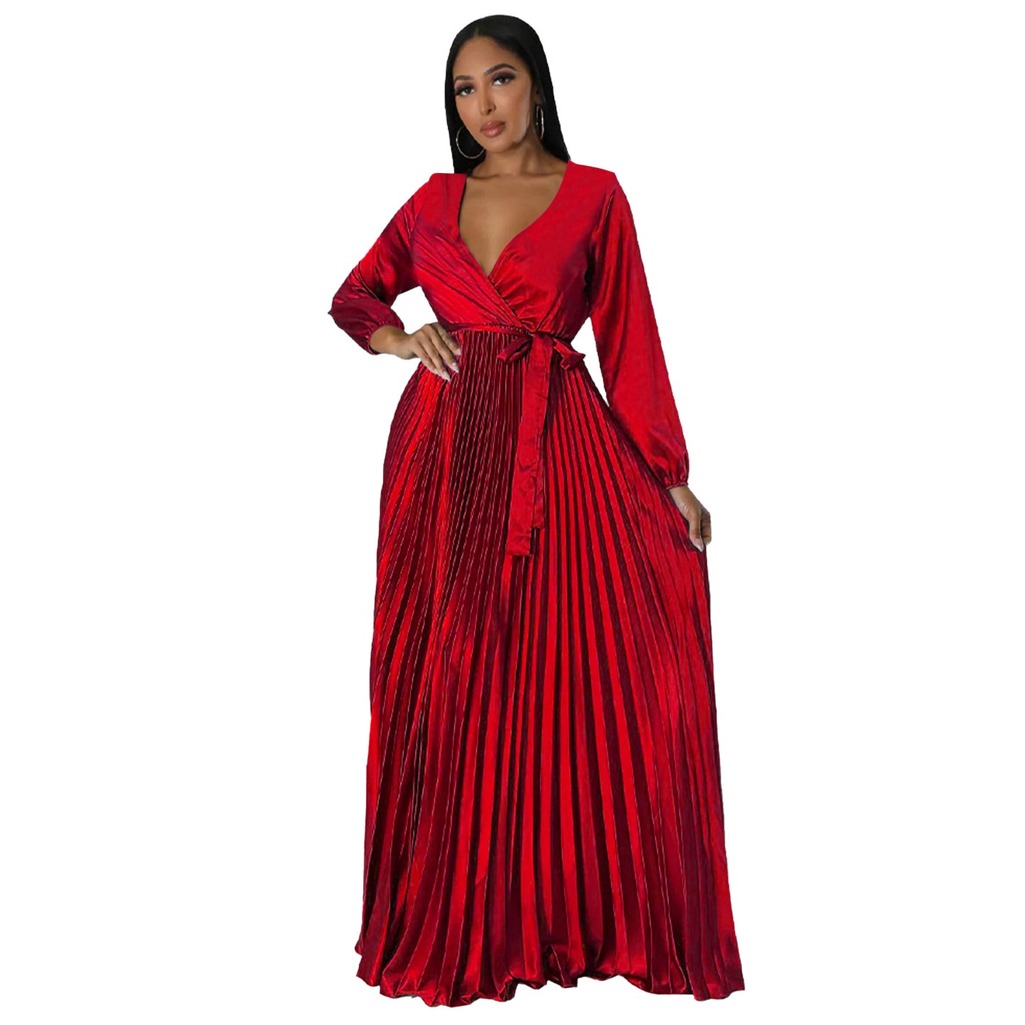 Robe plissée à manches lanternes pour femme