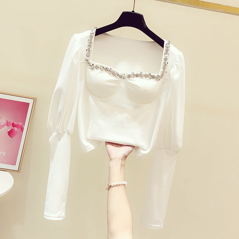 French Blouse Women Spring Dress Temperament Square Collar Exposed Collarbone Slim Fit