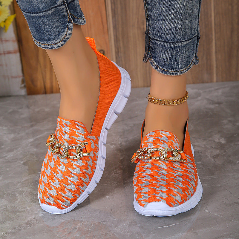 Zapatos casuales de malla con cadena y estampado de pata de gallo, zapatos planos deportivos para caminar de verano para mujer, mocasines transpirables