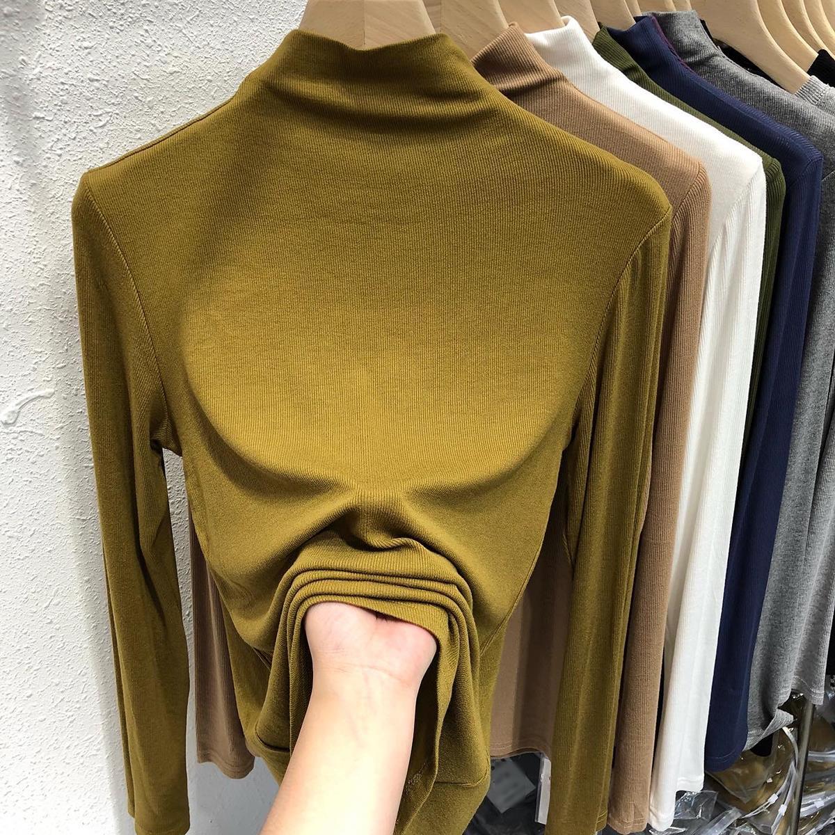 Chemise à col roulé et manches longues pour femme, en coton, avec fil intérieur