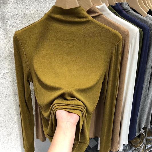 Chemise à col roulé et manches longues pour femme, en coton, avec fil intérieur