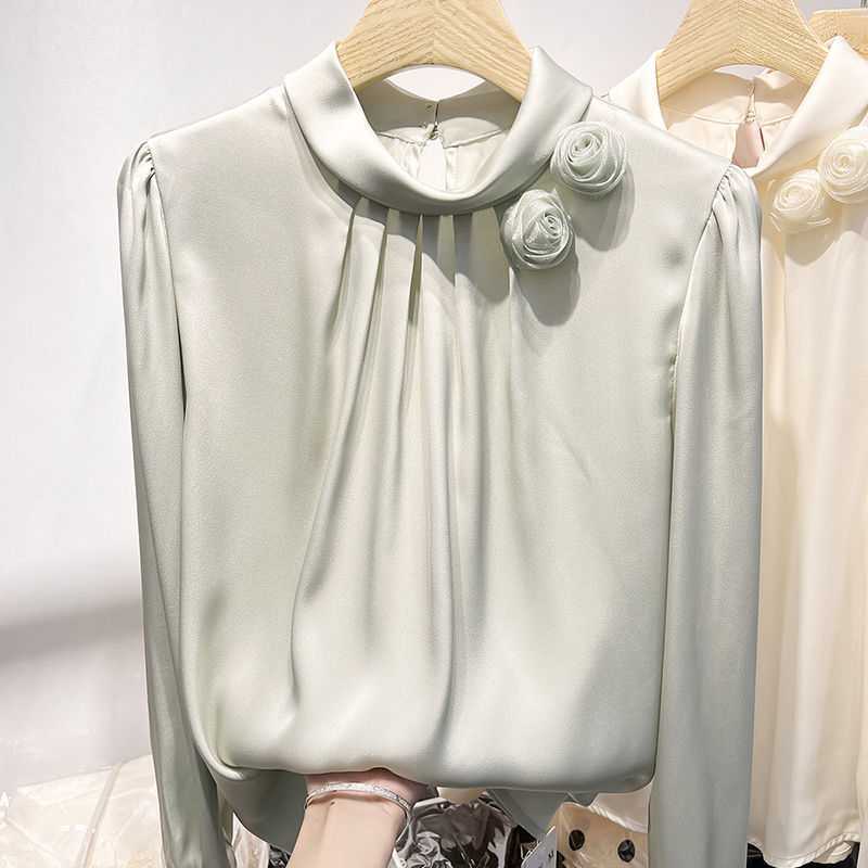 Women's Fashion Temperament Stand Collar Flower Long Sleeve Chiffon Shirt