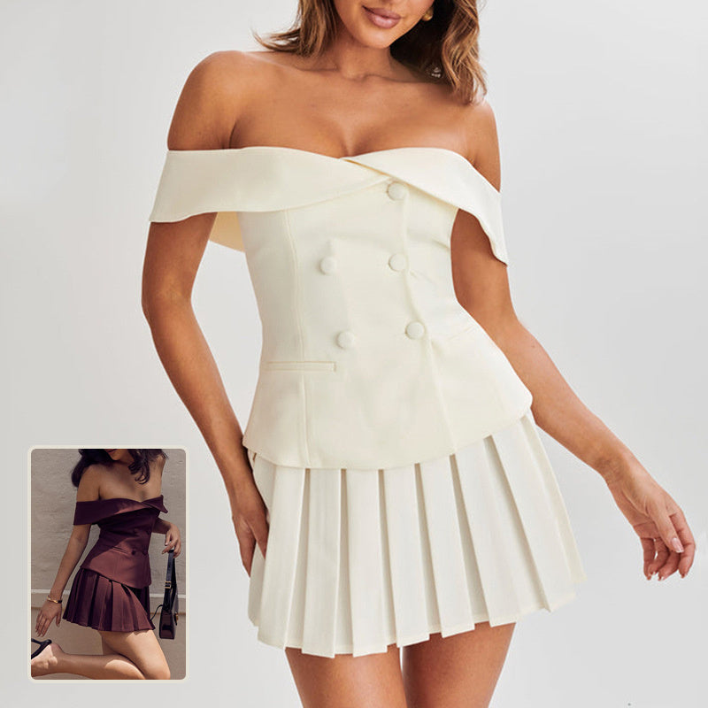Elegante traje cruzado con top con hombros descubiertos y falda plisada Ropa de mujer