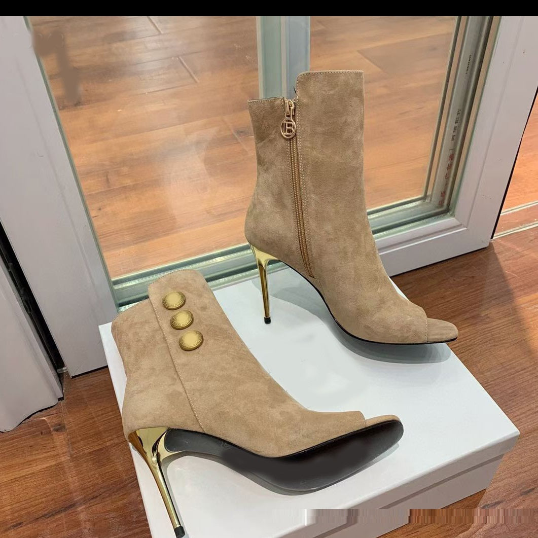 Nuevos botines con hebilla redonda de metal Boca de pescado Zapatos de mujer súper Stiletto