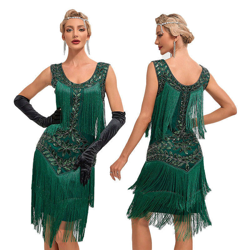Robe de danse rétro à paillettes et col rond pour femme
